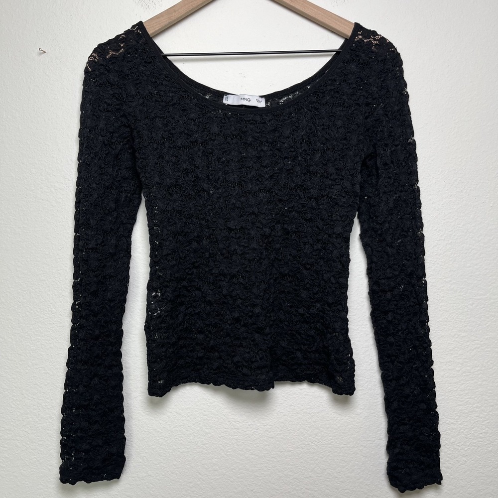 MNG Mango Women y2k Sheer‎ Crinkle Top Medium Black Witchy Whimsigoth Grunge